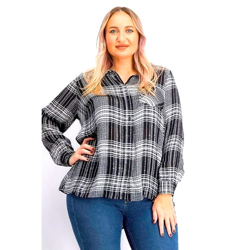 Style & Co Plus Size Sparkling Black Plaid Button Down Shirt Size 1X